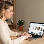 Femme achetant en sécurité sur le site Hacoo depuis son bureau à domicile en 2026