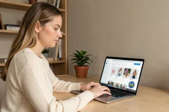 Femme achetant en sécurité sur le site Hacoo depuis son bureau à domicile en 2026
