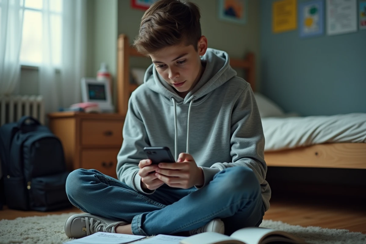 Adolescent assis par terre dans sa chambre consultant un solveur de mots sur smartphone pour enrichir son vocabulaire