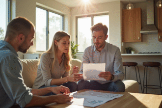 Agent immobilier et couple regardant un document d'évaluation de maison