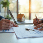 Agent immobilier et client discutant de documents immobiliers