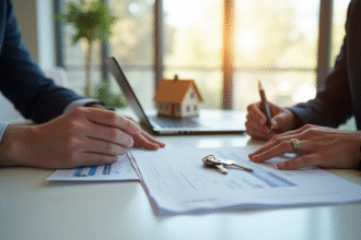 Agent immobilier et client discutant de documents immobiliers