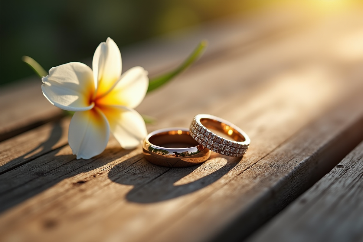 Alliances de mariage sur une table en bois rustique
