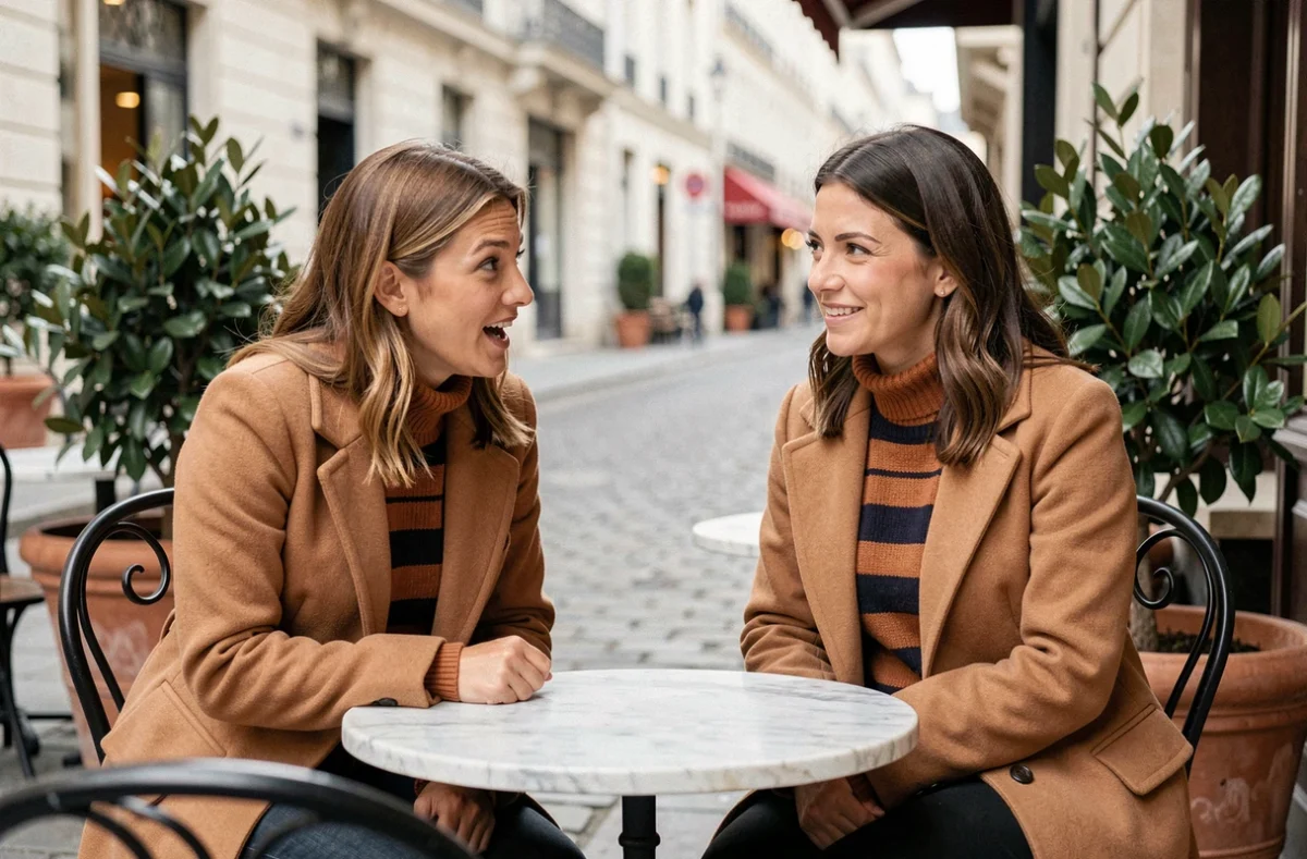 Deux amies discutant à la terrasse d'un café à Paris, l'une racontant avec enthousiasme les signes amoureux remarqués après son rendez-vous