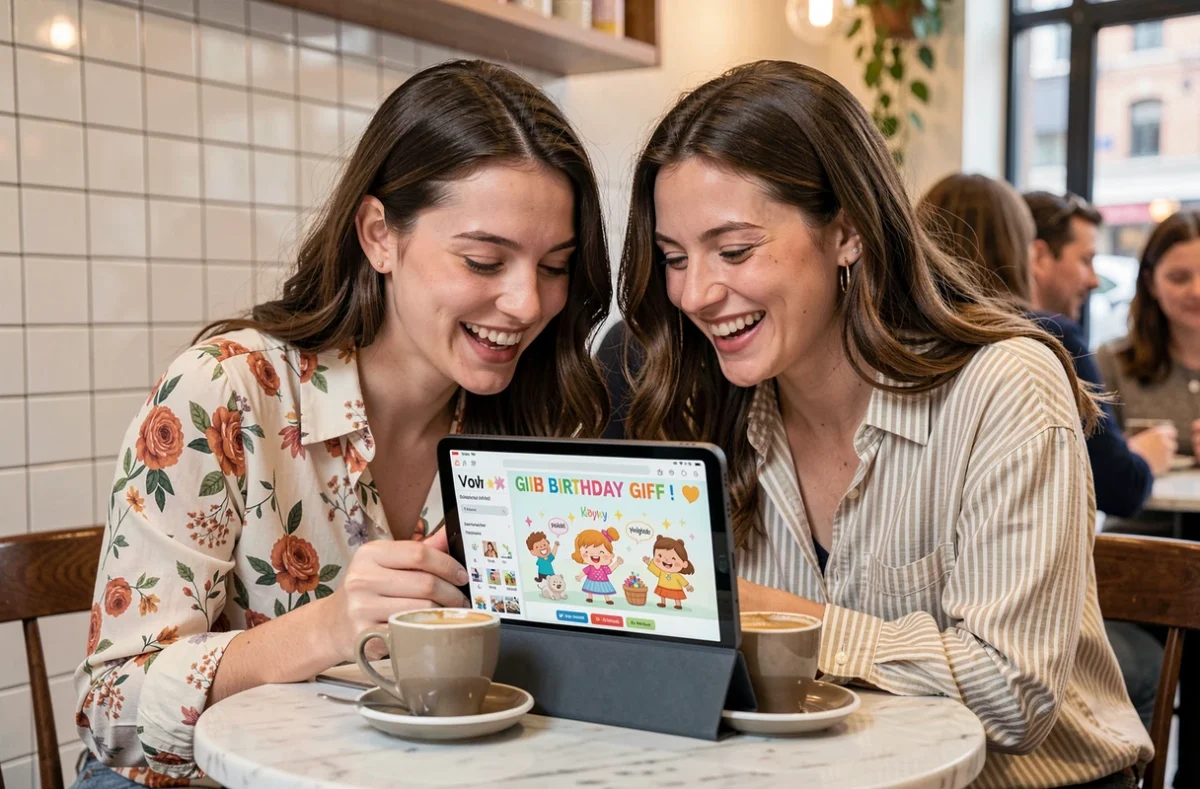 Deux amies riant ensemble en choisissant des GIFs d'anniversaire amusants sur une tablette dans un café