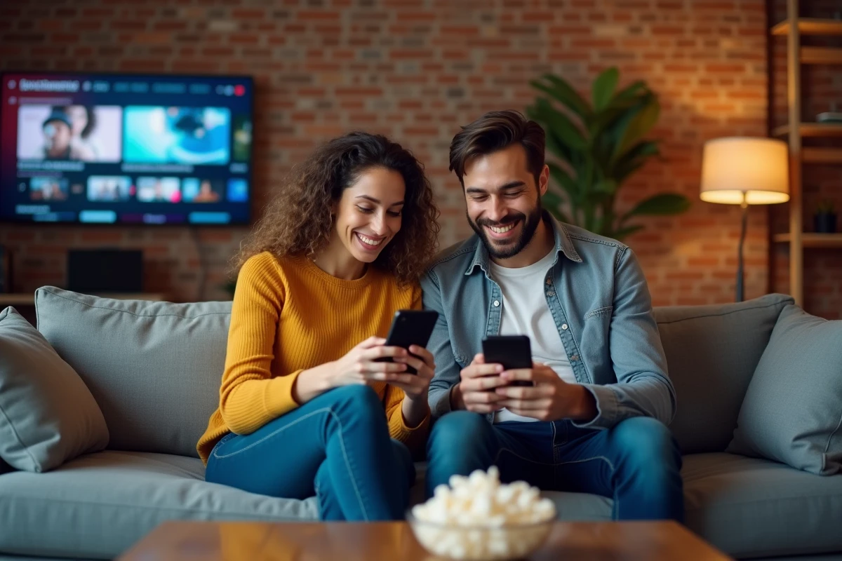 Deux amis comparant des séries sur leurs smartphones devant un écran de streaming