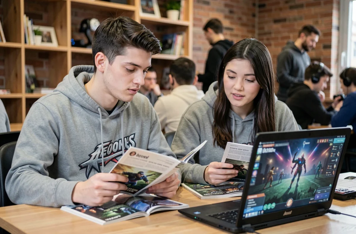 Deux amis débutants qui étudient ensemble les règles du jeu Aeonscope dans un café gaming