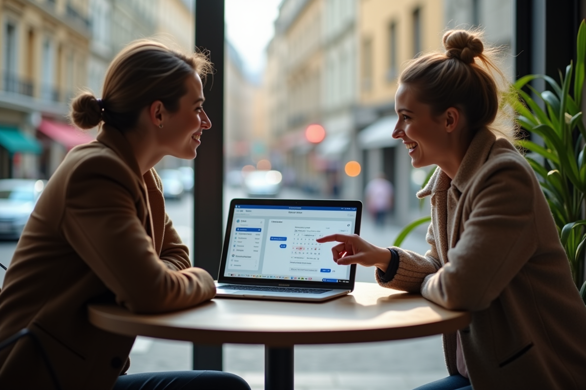 Deux amis discutant finances au café avec un ordinateur portable