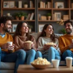 Groupe d amis sur un canapé confortable regardant un écran
