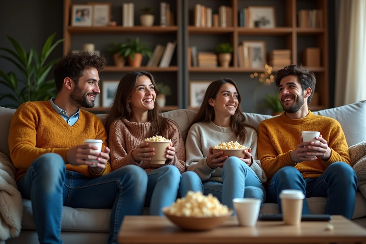 Groupe d amis sur un canapé confortable regardant un écran