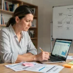 Femme analyste marketing examinant des données de mots-clés sur un ordinateur portable dans un bureau moderne, entourée de feuilles de recherche SEO
