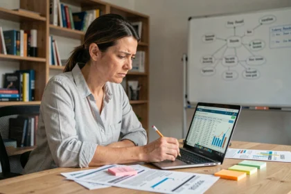 Femme analyste marketing examinant des données de mots-clés sur un ordinateur portable dans un bureau moderne, entourée de feuilles de recherche SEO