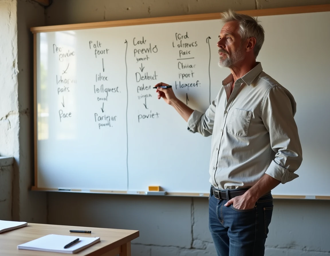 Animateur d'atelier d'écriture présentant des exercices de rimes en i sur un tableau blanc dans une salle de créativité