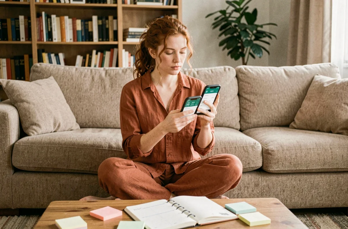 Jeune femme consultant une application de calcul de différence entre deux dates sur son smartphone depuis son salon