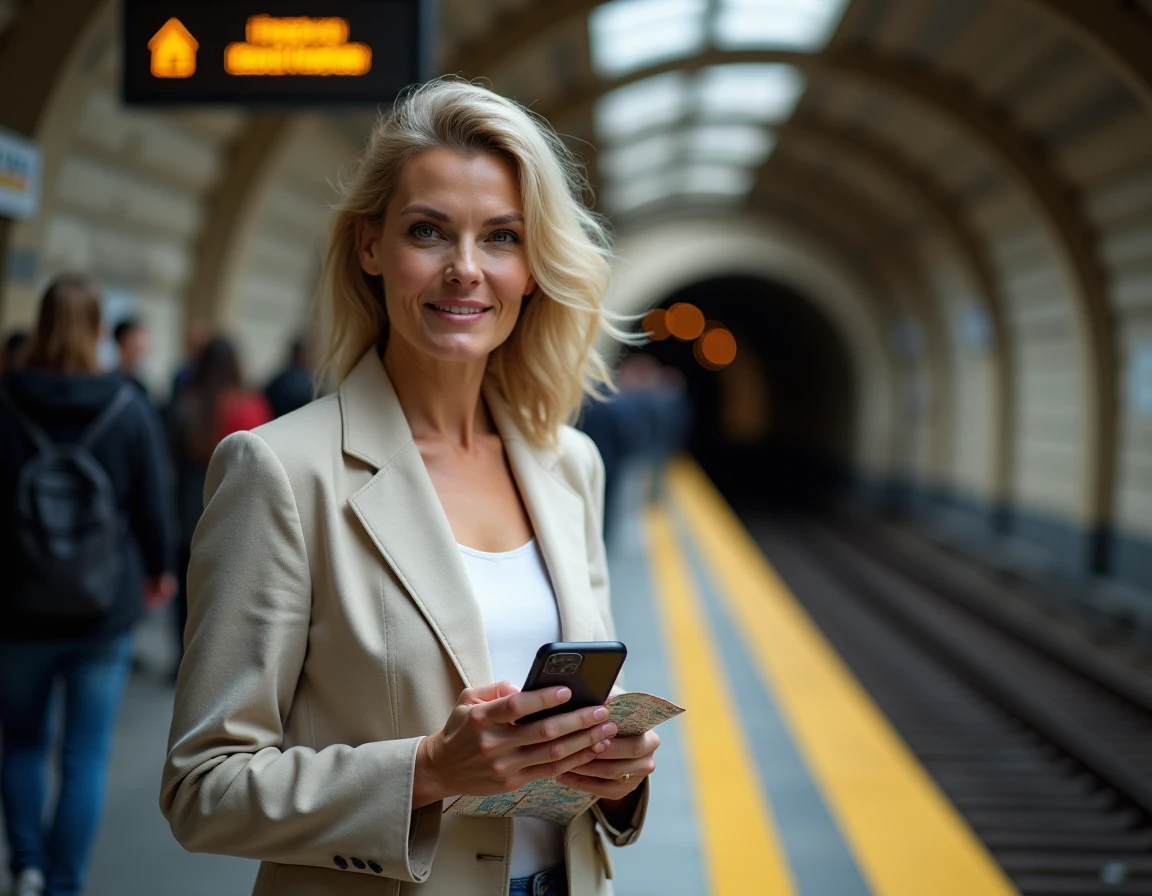 Femme consultant l'application RATP en temps réel sur le quai d'une station RER parisienne lors d'un grand événement sportif