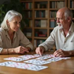 Deux adultes apprenant à jouer à la crapette autour d'une table en bois avec des cartes disposées en colonnes