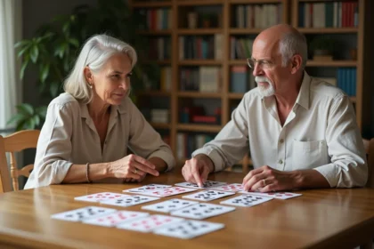 Deux adultes apprenant à jouer à la crapette autour d'une table en bois avec des cartes disposées en colonnes
