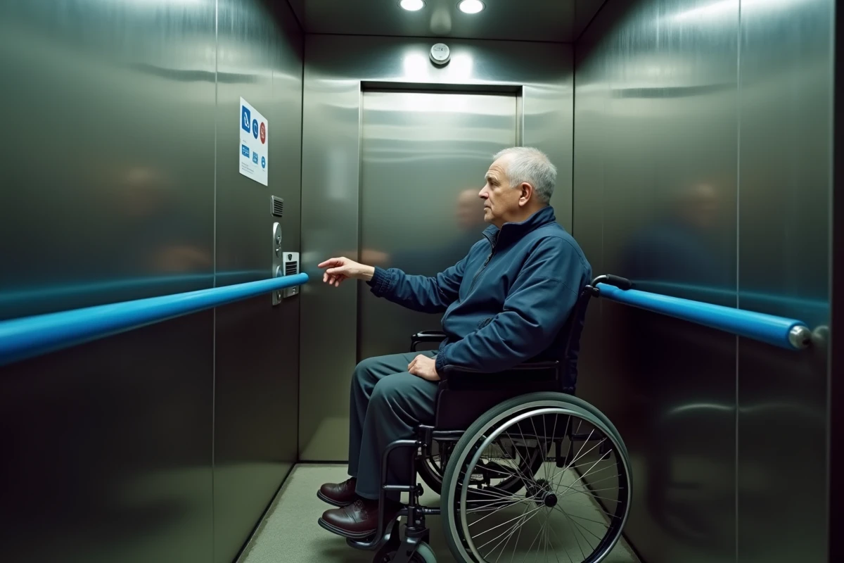 Homme en fauteuil roulant utilisant l'ascenseur PMR d'une station de métro de la ligne 6 à Paris