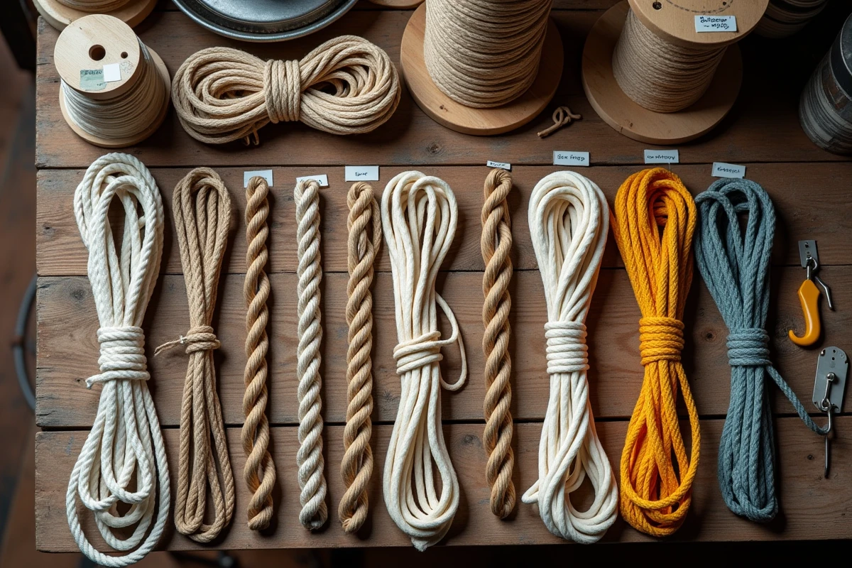 Assortiment de cordages variés disposés sur une table d'atelier en bois avec étiquettes manuscrites