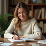 Femme dans un atelier d'écriture travaillant sur des jeux de mots et des rimes dans un carnet, entourée de fiches de mots