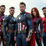 Groupe de cosplayers en costumes Avengers et Spider-Man sur un toit urbain, symbolisant l'alliance des héros Marvel