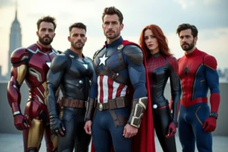 Groupe de cosplayers en costumes Avengers et Spider-Man sur un toit urbain, symbolisant l'alliance des héros Marvel