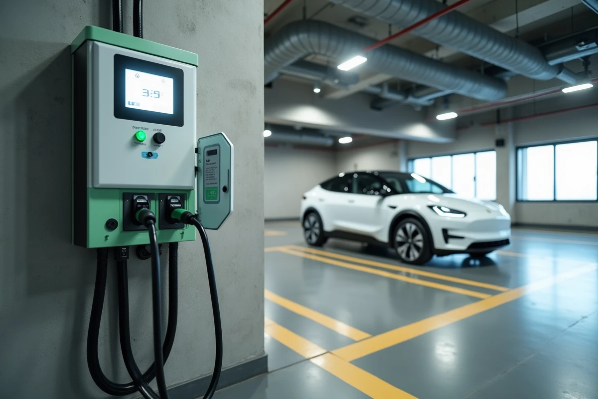 Borne de recharge pour véhicule électrique avec tableau triphasé et disjoncteurs visibles dans un parking souterrain