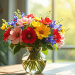 Bouquet de fleurs colorées avec begonia et bleuets en vase