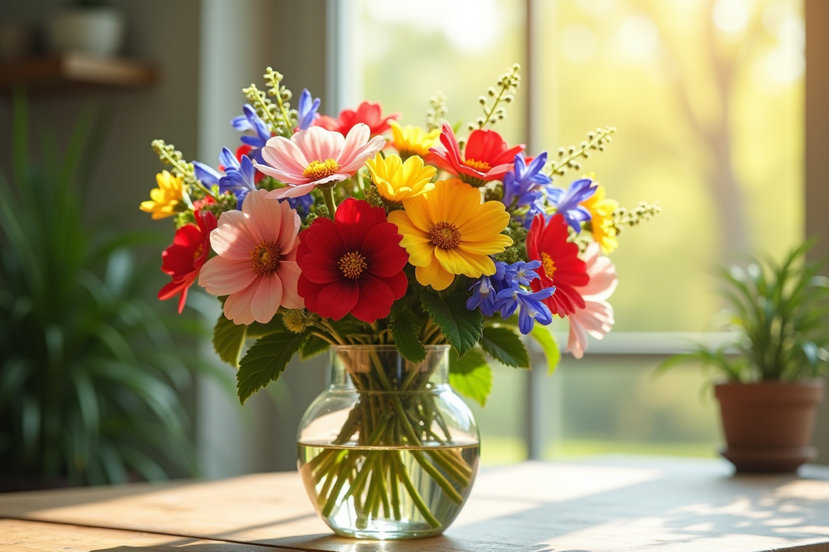 Bouquet de fleurs colorées avec begonia et bleuets en vase