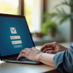 Espace de travail moderne avec ordinateur portable et mains tapant