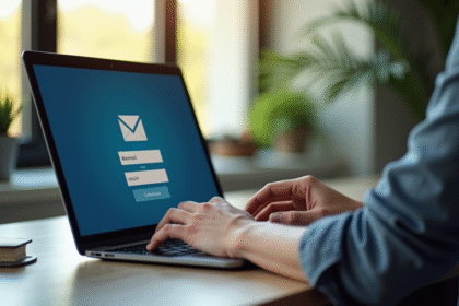 Espace de travail moderne avec ordinateur portable et mains tapant