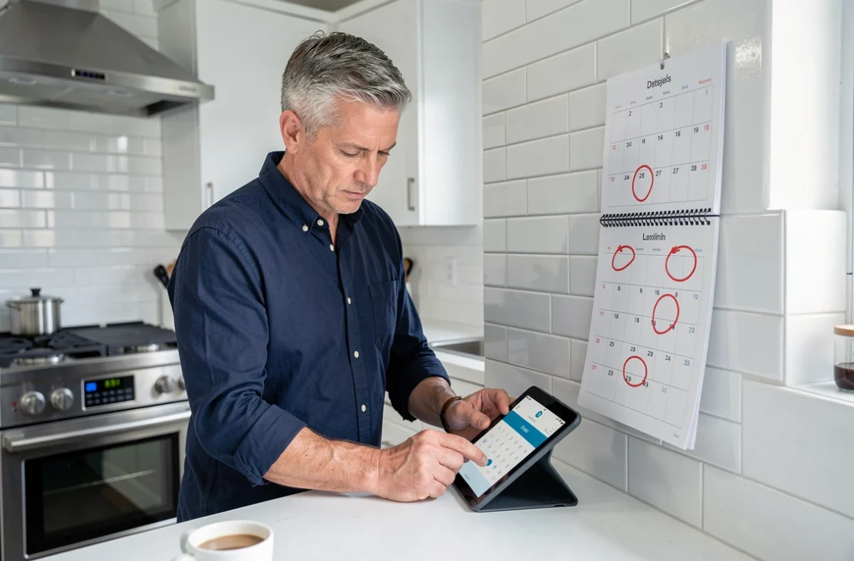 Homme utilisant une calculatrice de durée entre deux dates sur une tablette avec un calendrier mural en arrière-plan