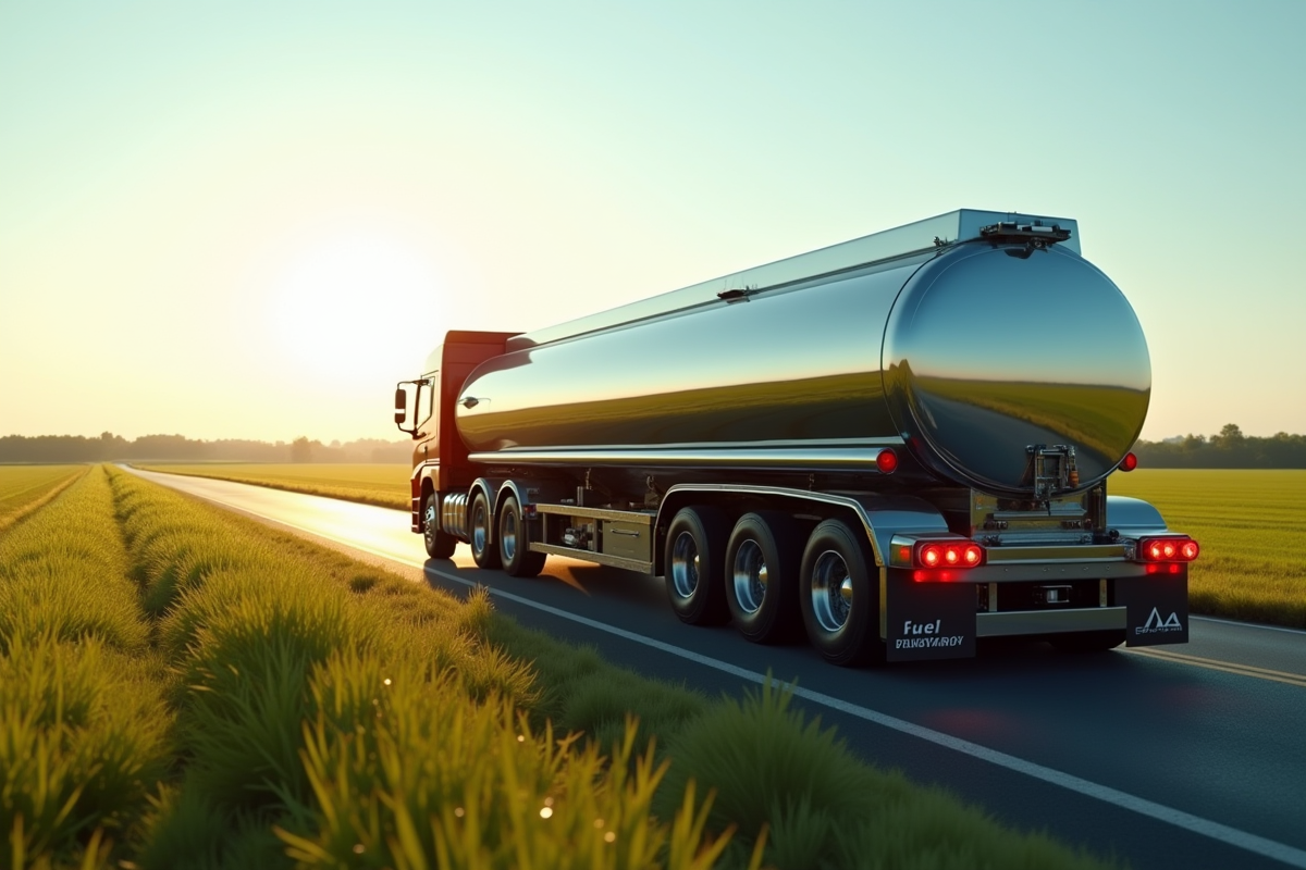 Un camion citerne roulant dans la campagne avec reflets sur le métal