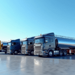 Plusieurs camions citerne avec différentes tailles dans une cour industrielle