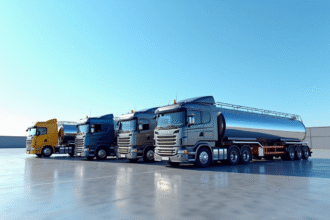 Plusieurs camions citerne avec différentes tailles dans une cour industrielle