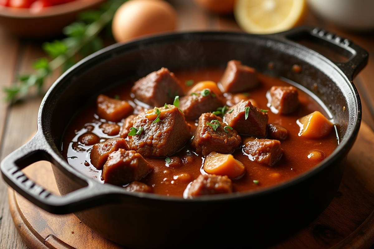 Gros plan sur la carbonade à la flamande dans une cocotte en fonte