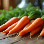 Carottes fraîches avec leurs fanes sur une table en bois