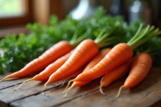 Carottes fraîches avec leurs fanes sur une table en bois