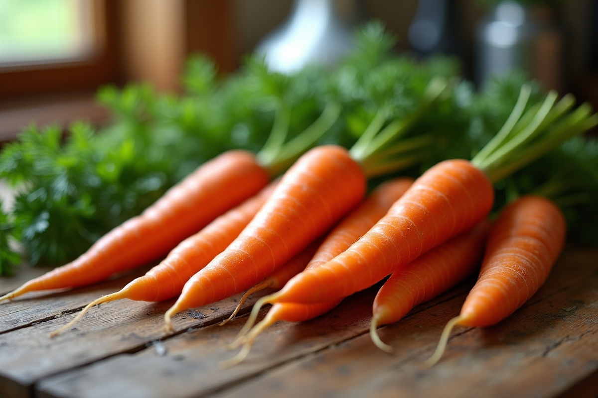 Carottes fraîches avec leurs fanes sur une table en bois
