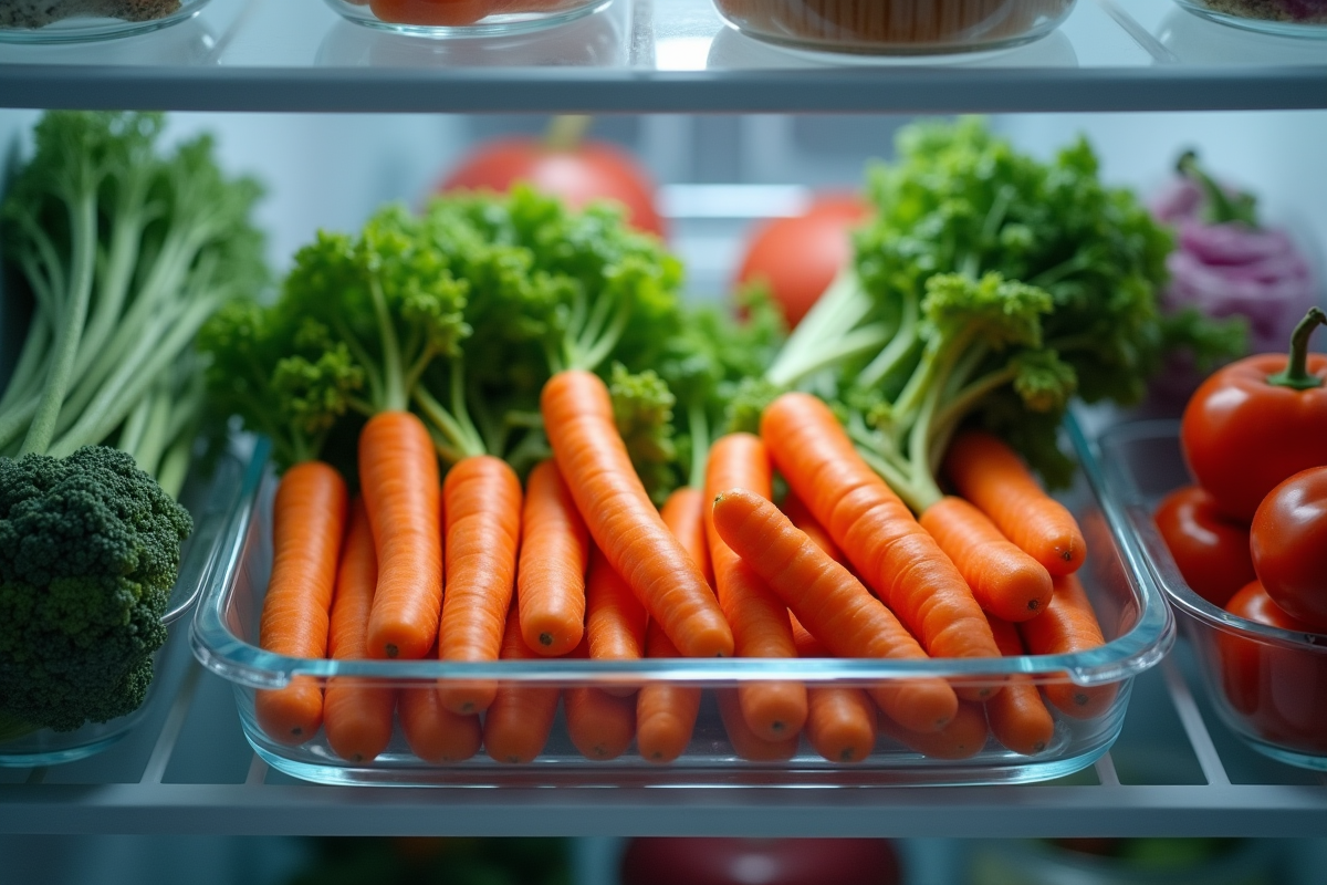 Carottes rangées dans un congélateur moderne dans un frigo