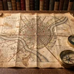 Carte historique ancienne de Toulouse sur table en chêne avec compas en laiton et loupe, montrant l'évolution des rues et de la Garonne