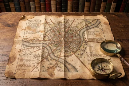 Carte historique ancienne de Toulouse sur table en chêne avec compas en laiton et loupe, montrant l'évolution des rues et de la Garonne