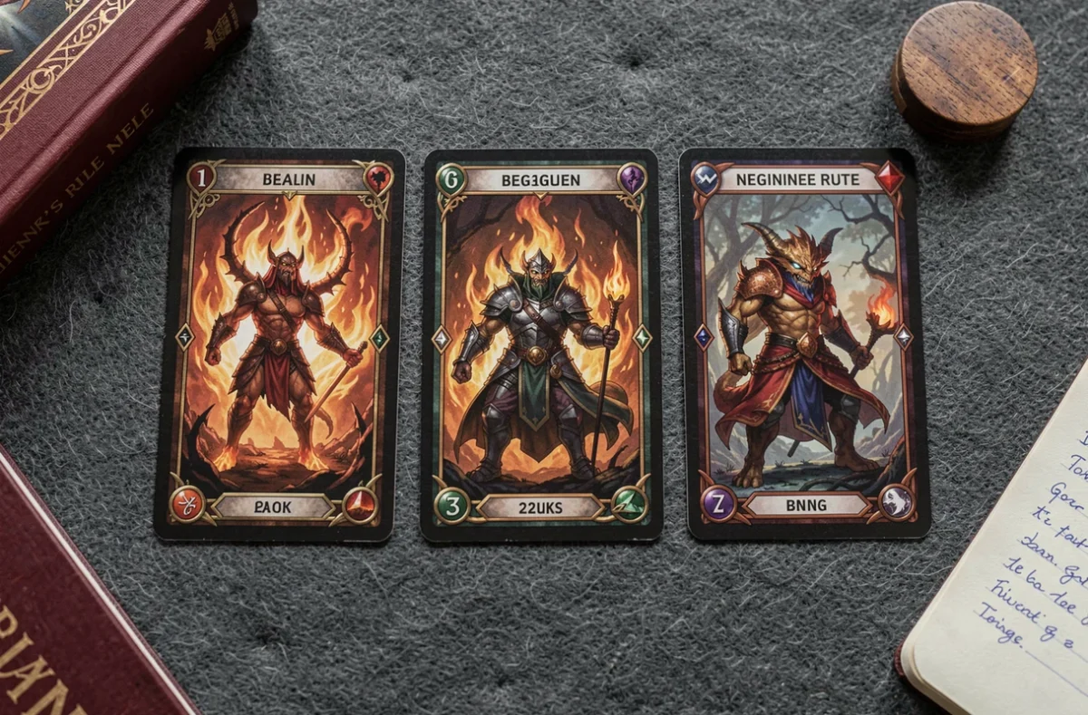 Vue aérienne de cartes clés Flammes Fantasmagoriques disposées sur un tapis de jeu avec accessoires de débutant