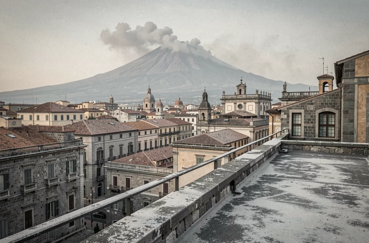 Vue de Catane depuis un toit avec l'Etna fumant en arrière-plan recouvert de cendres volcaniques