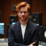 Chanteur roux en blazer marine dans un studio d'enregistrement, posture détendue et regard confiant face à la caméra