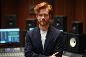 Chanteur roux en blazer marine dans un studio d'enregistrement, posture détendue et regard confiant face à la caméra