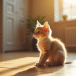Chat dwarf assis sur un sol en bois ensoleille