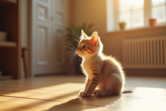 Chat dwarf assis sur un sol en bois ensoleille