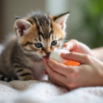 Petit chaton nourri au biberon par une main dans la lumière naturelle