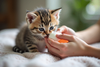 Petit chaton nourri au biberon par une main dans la lumière naturelle